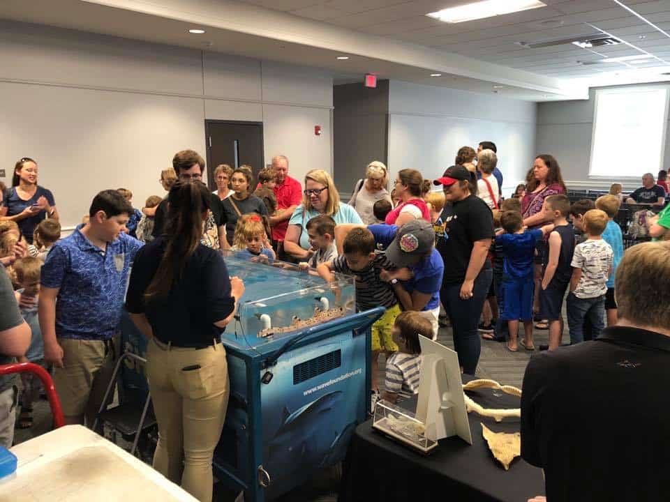 Kids petting sharks at the library